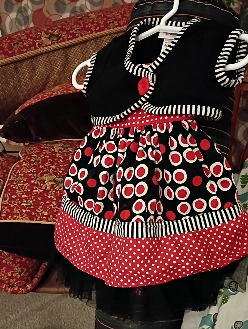 Black & Red Polka Dot Girls Party Dress with Striped Trim